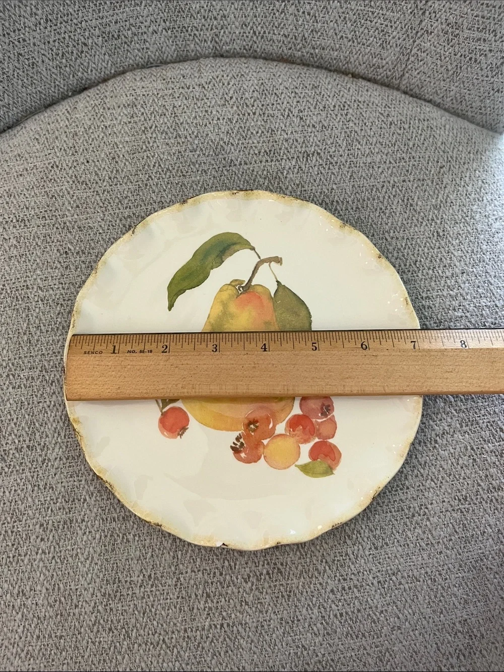 3 Crate & Barrel Harvest Fruit 7.5” salad plates yellow pear berries fluted